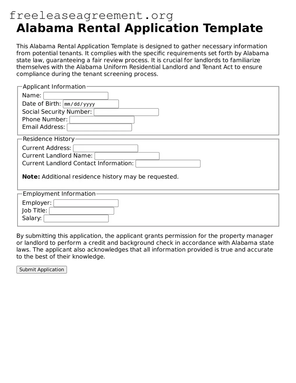 Official Rental Application Document for Alabama State