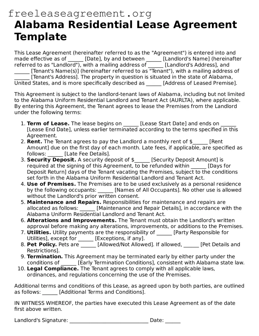 Official Residential Lease Agreement Document for Alabama State