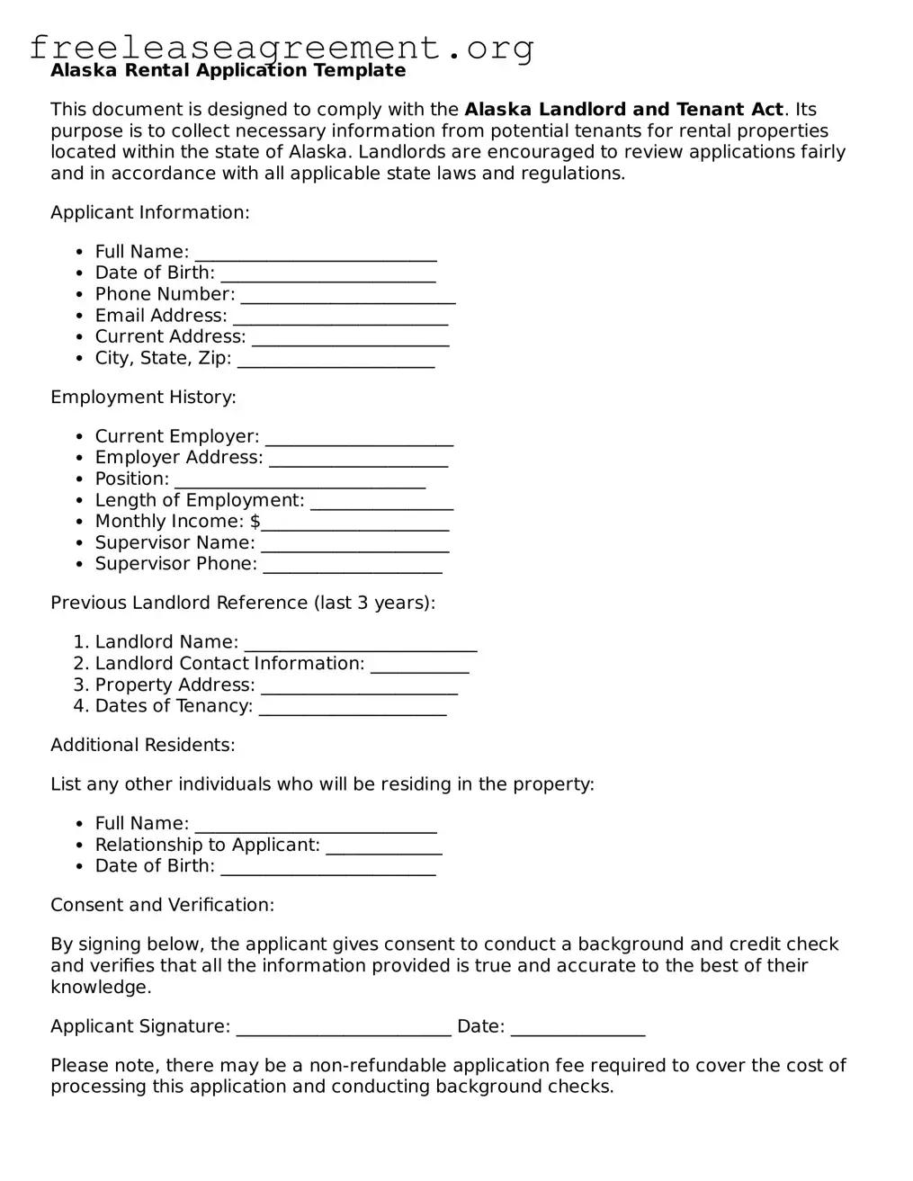 Official Rental Application Document for Alaska State