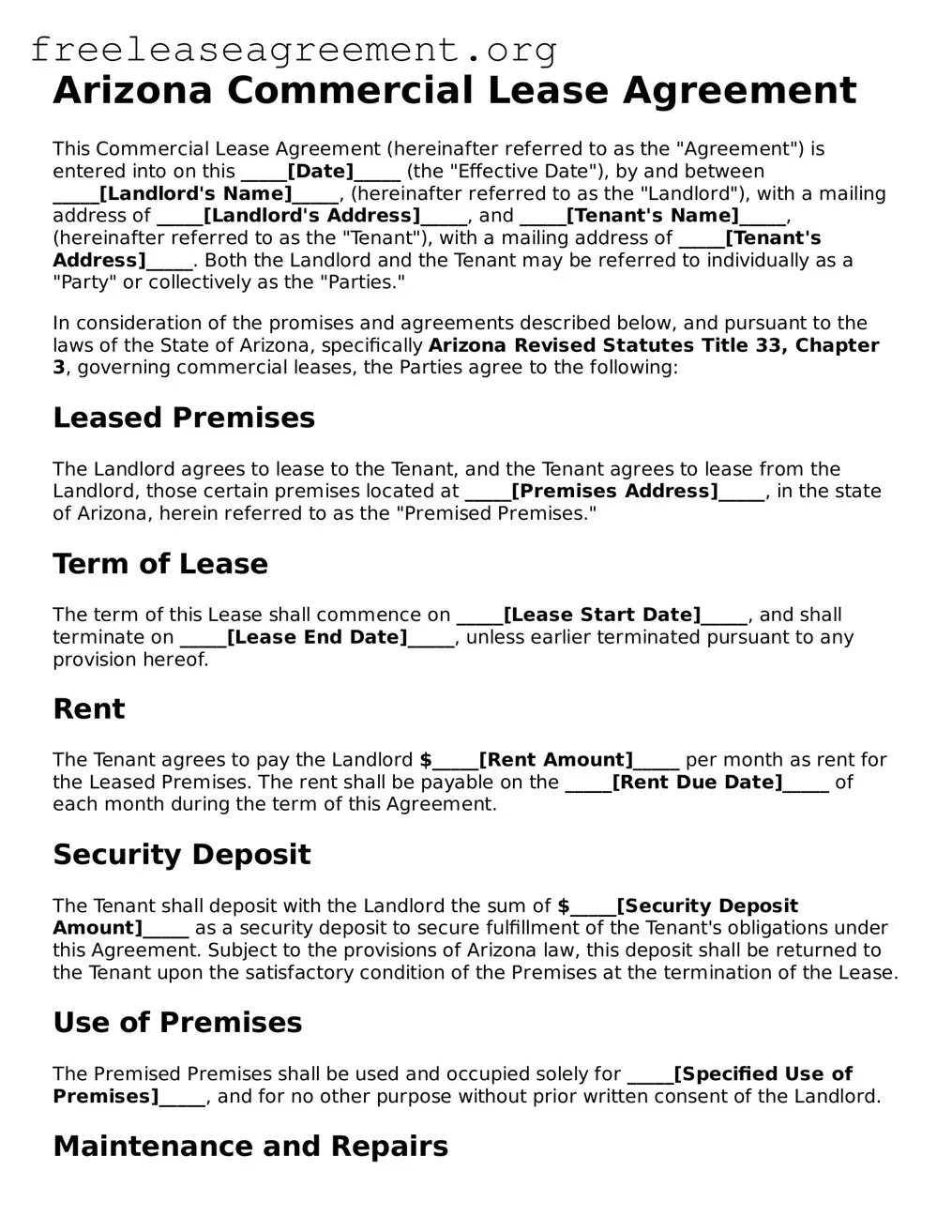 Official Commercial Lease Agreement Document for Arizona State