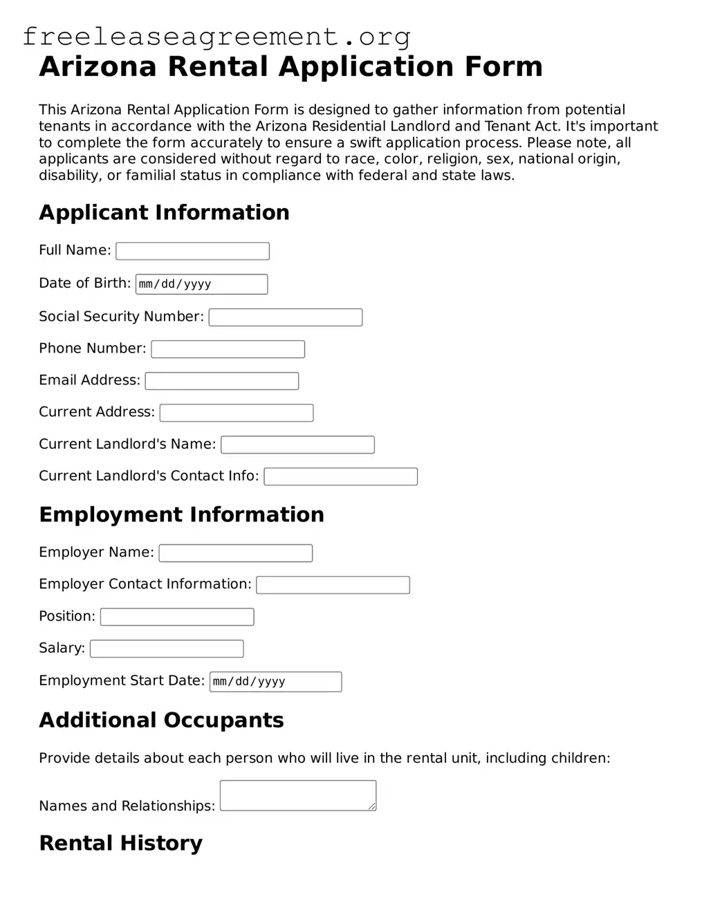 Official Rental Application Document for Arizona State