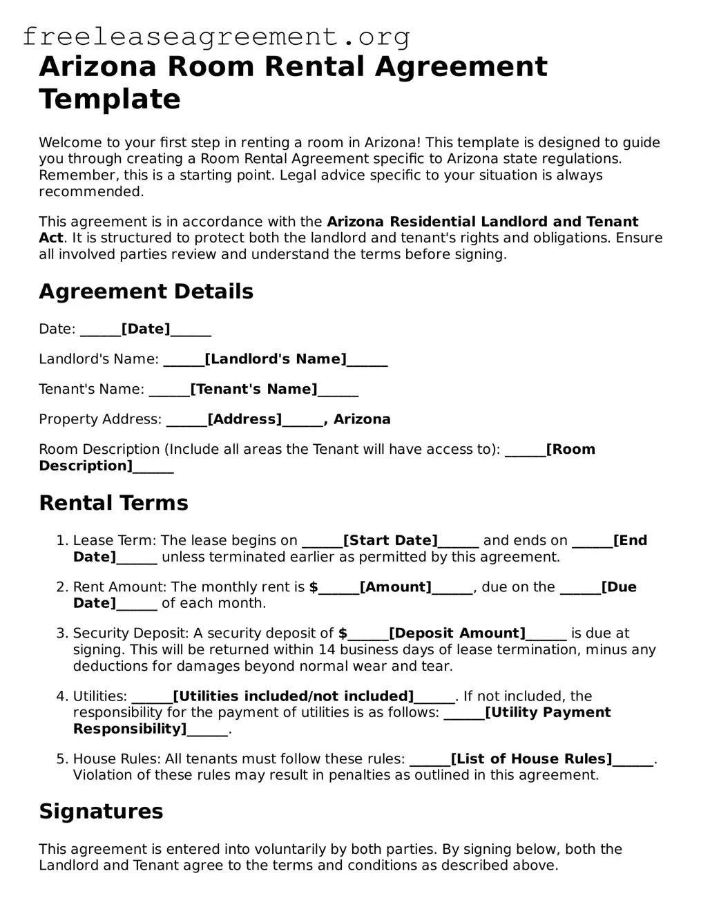 Official Room Rental Agreement Document for Arizona State