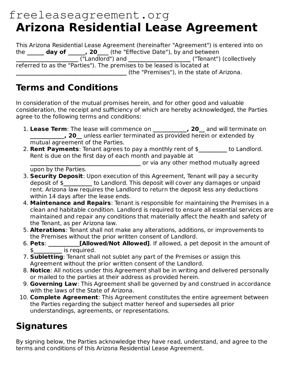 Official Residential Lease Agreement Document for Arizona State