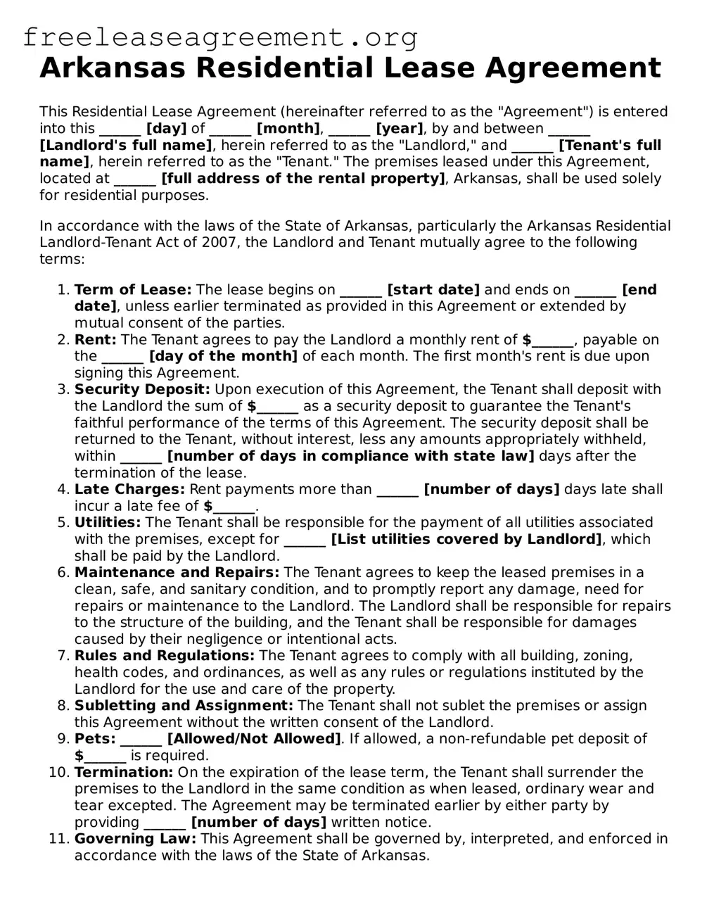 Official Residential Lease Agreement Document for Arkansas State