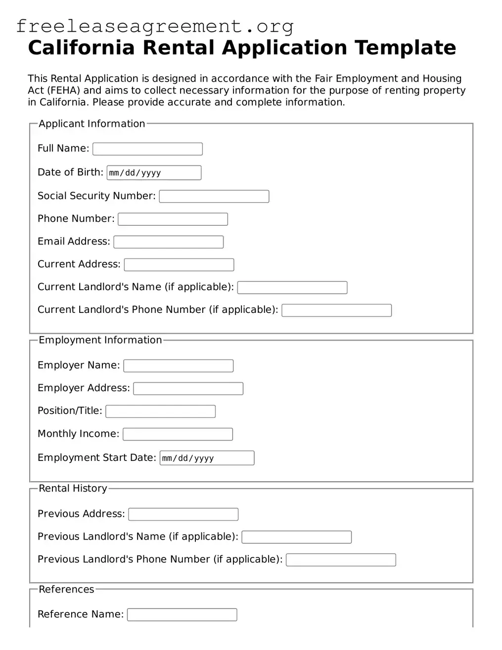 Official Rental Application Document for California State