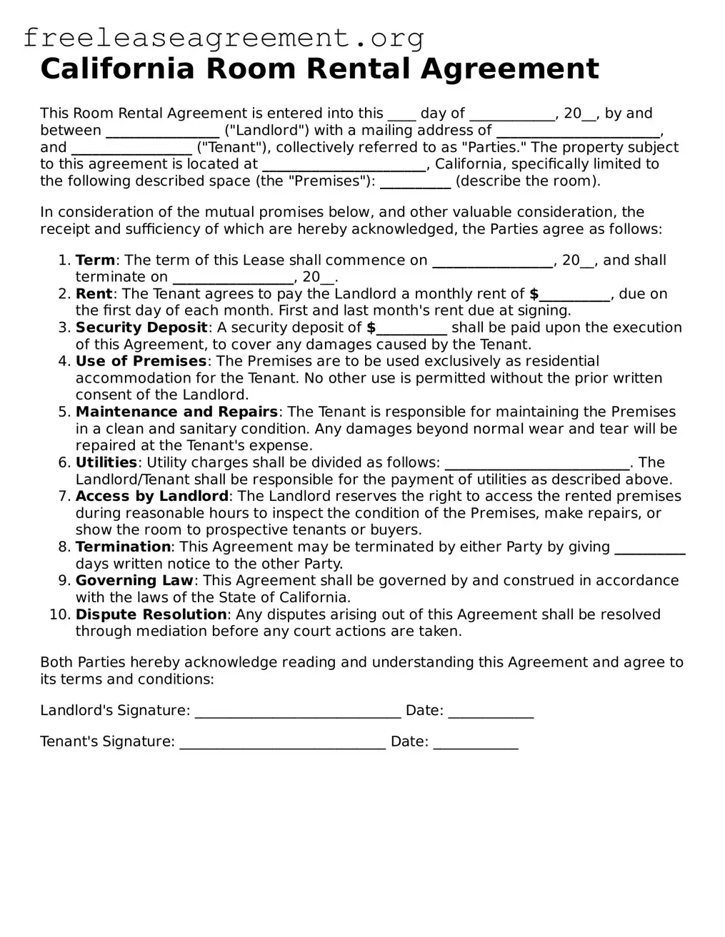 Official Room Rental Agreement Document for California State