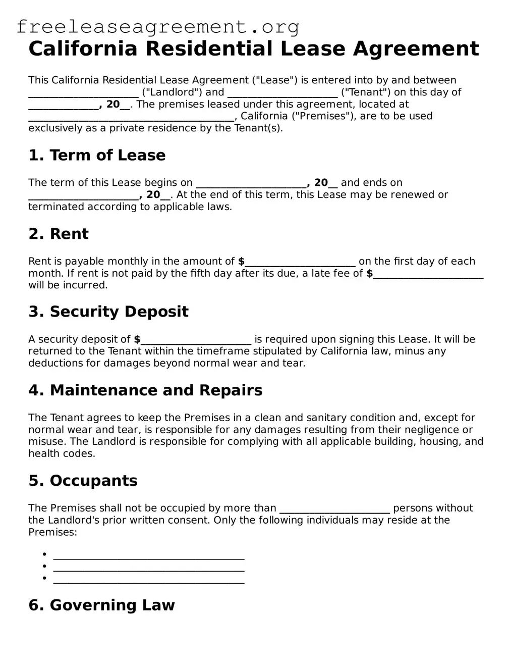 Official Residential Lease Agreement Document for California State