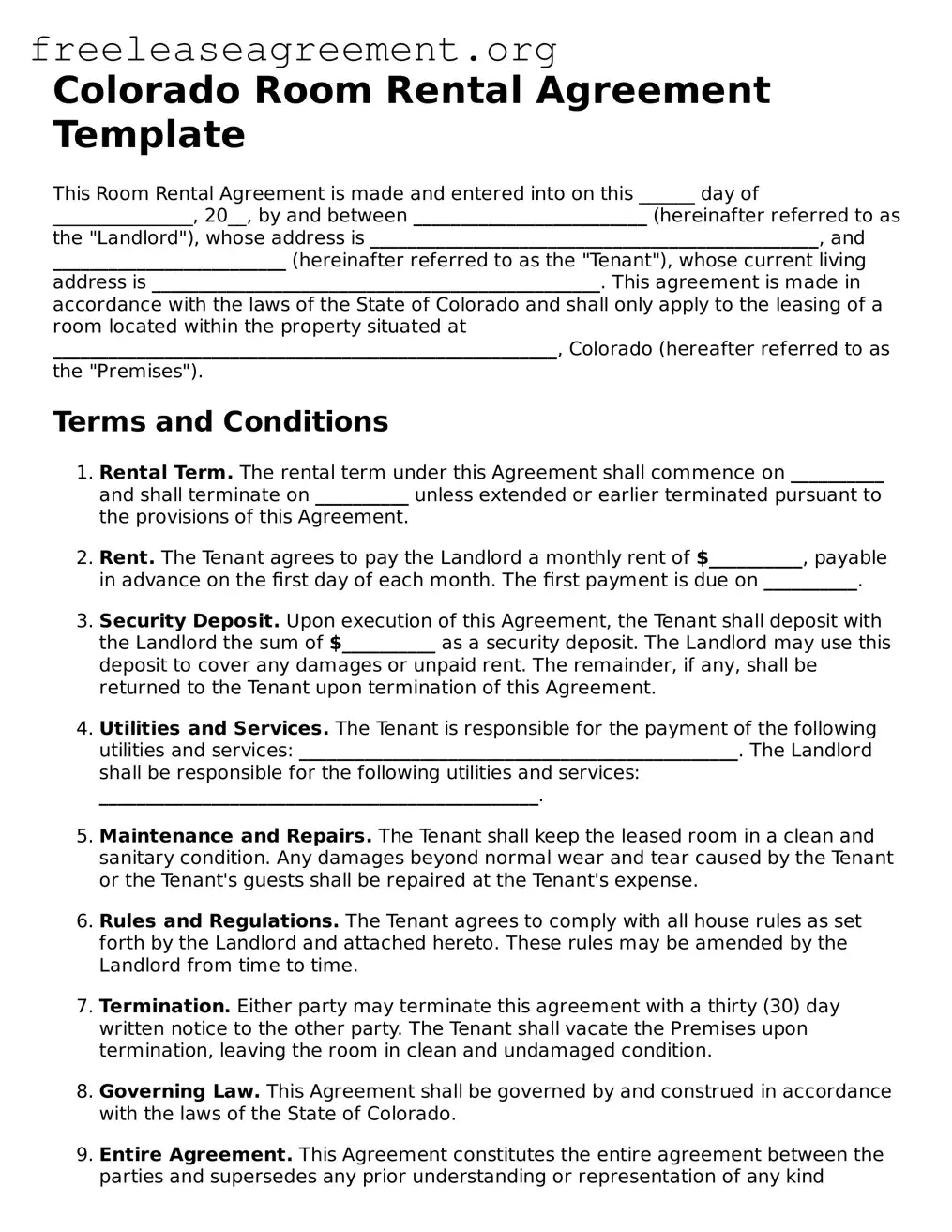 Official Room Rental Agreement Document for Colorado State