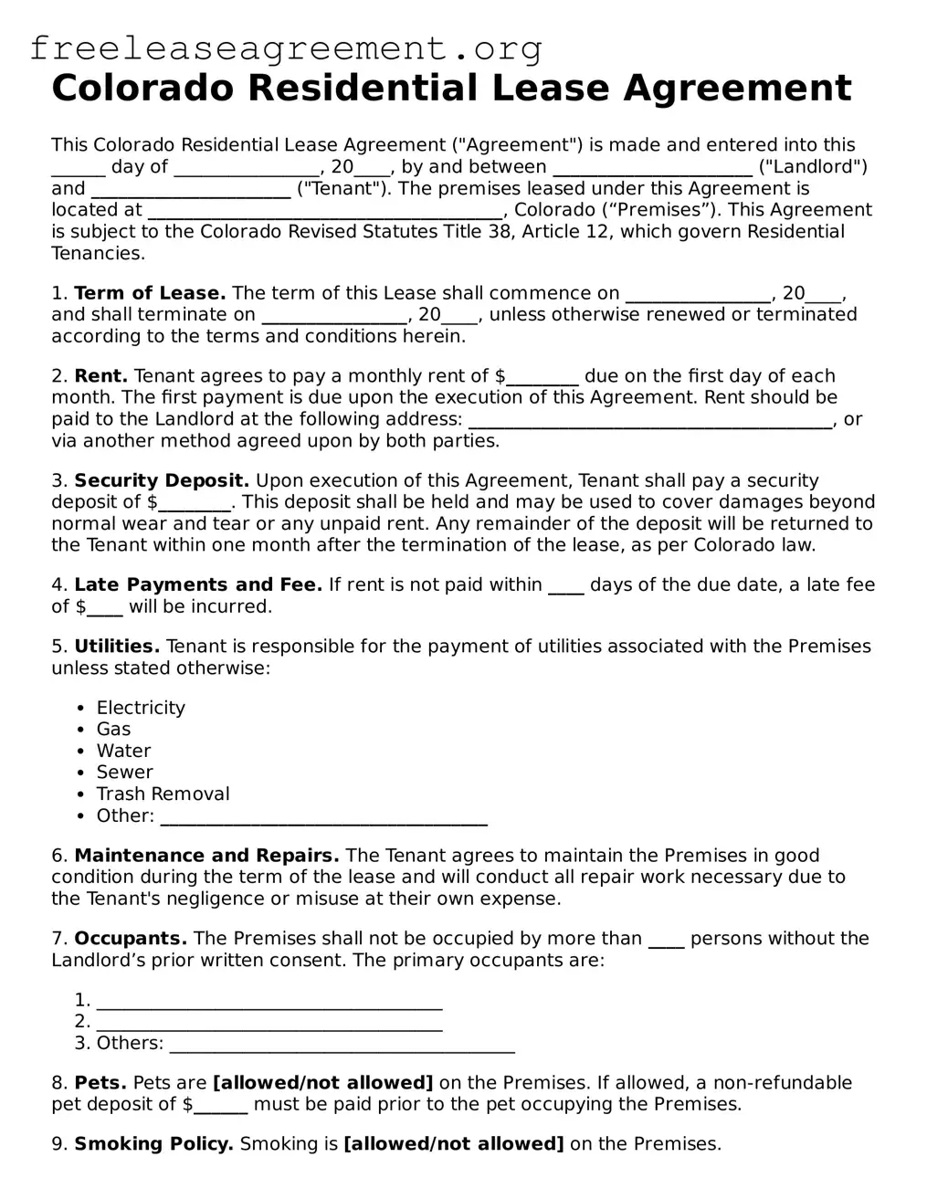 Official Residential Lease Agreement Document for Colorado State
