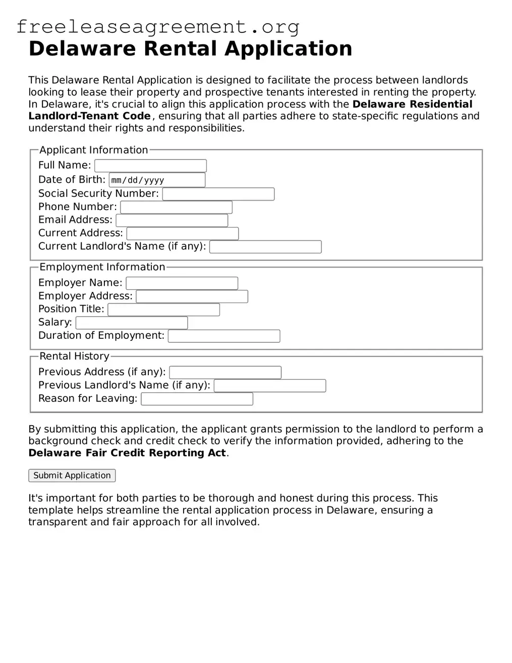 Official Rental Application Document for Delaware State