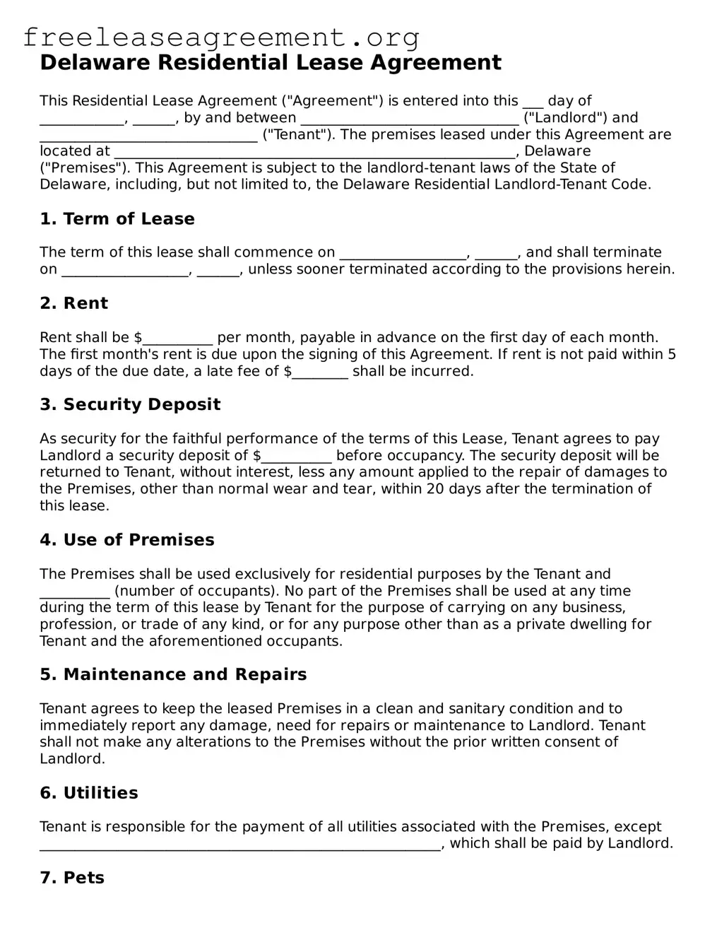 Official Residential Lease Agreement Document for Delaware State