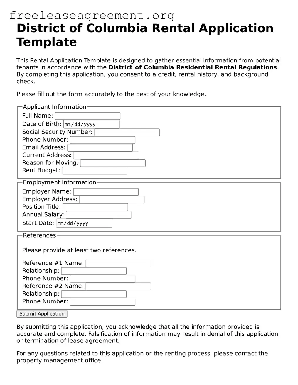 Official Rental Application Document for District of Columbia State