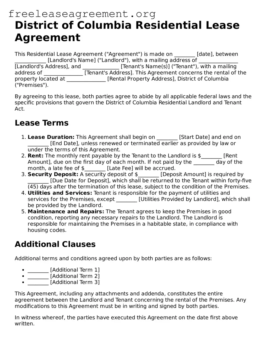 Official Residential Lease Agreement Document for District of Columbia State