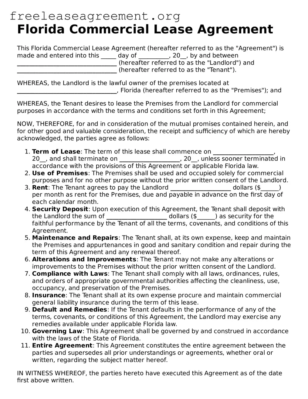 Official Commercial Lease Agreement Document for Florida State
