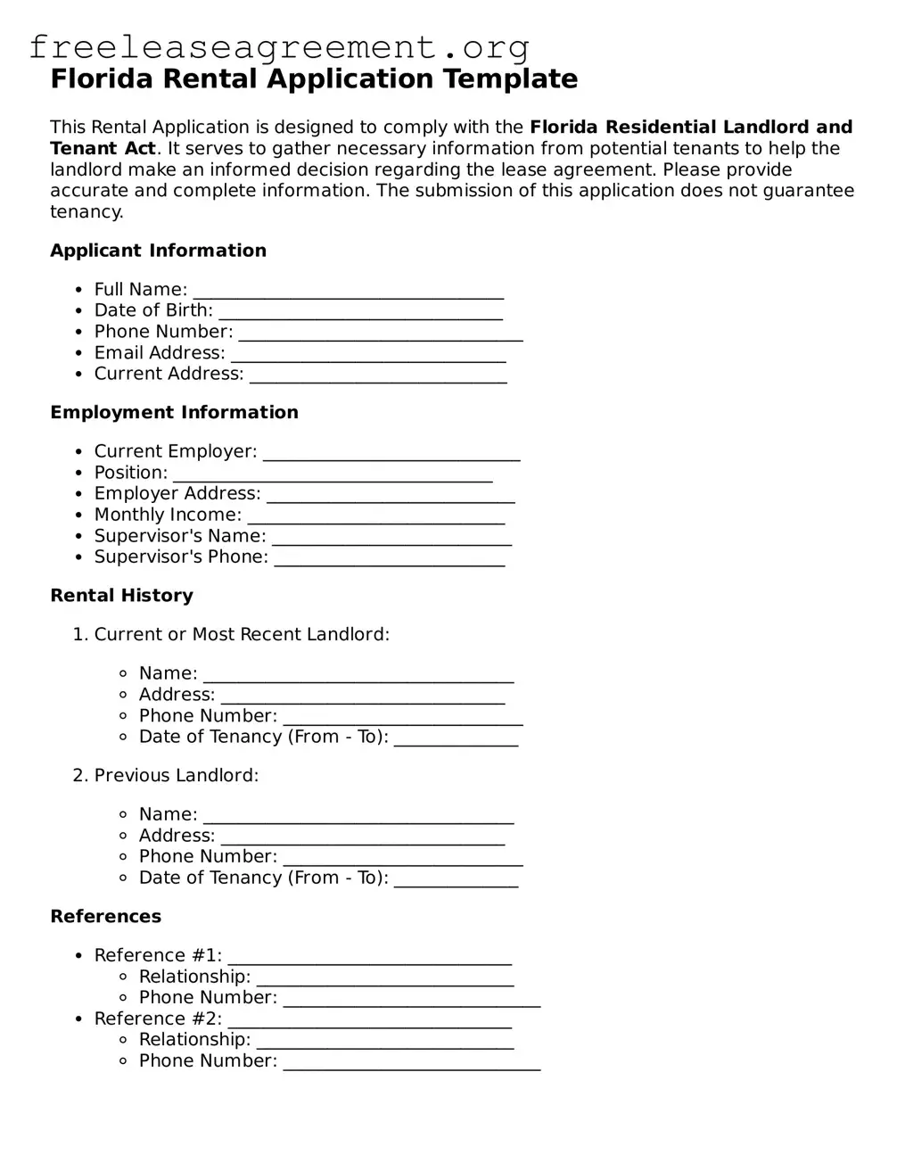 Official Rental Application Document for Florida State