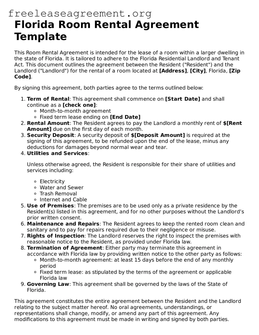 Official Room Rental Agreement Document for Florida State