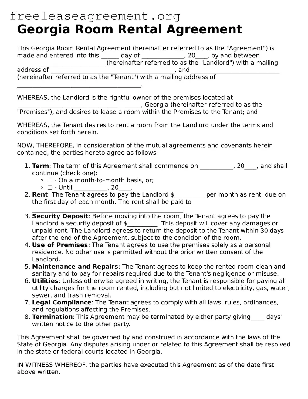 Official Room Rental Agreement Document for Georgia State