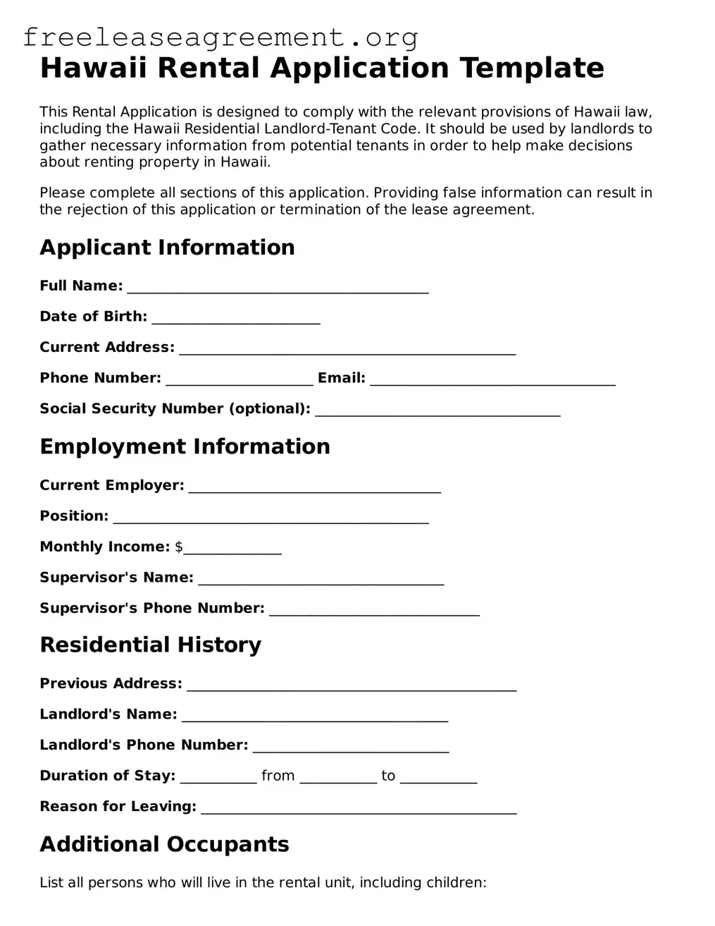 Official Rental Application Document for Hawaii State