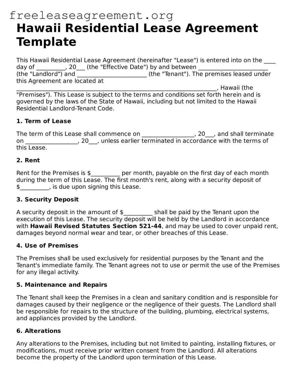 Official Residential Lease Agreement Document for Hawaii State