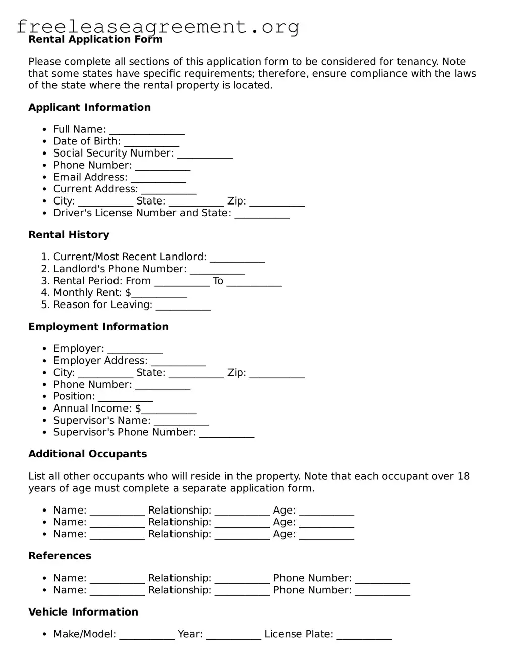 Official Rental Application Document