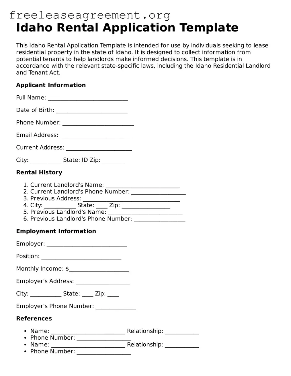 Official Rental Application Document for Idaho State