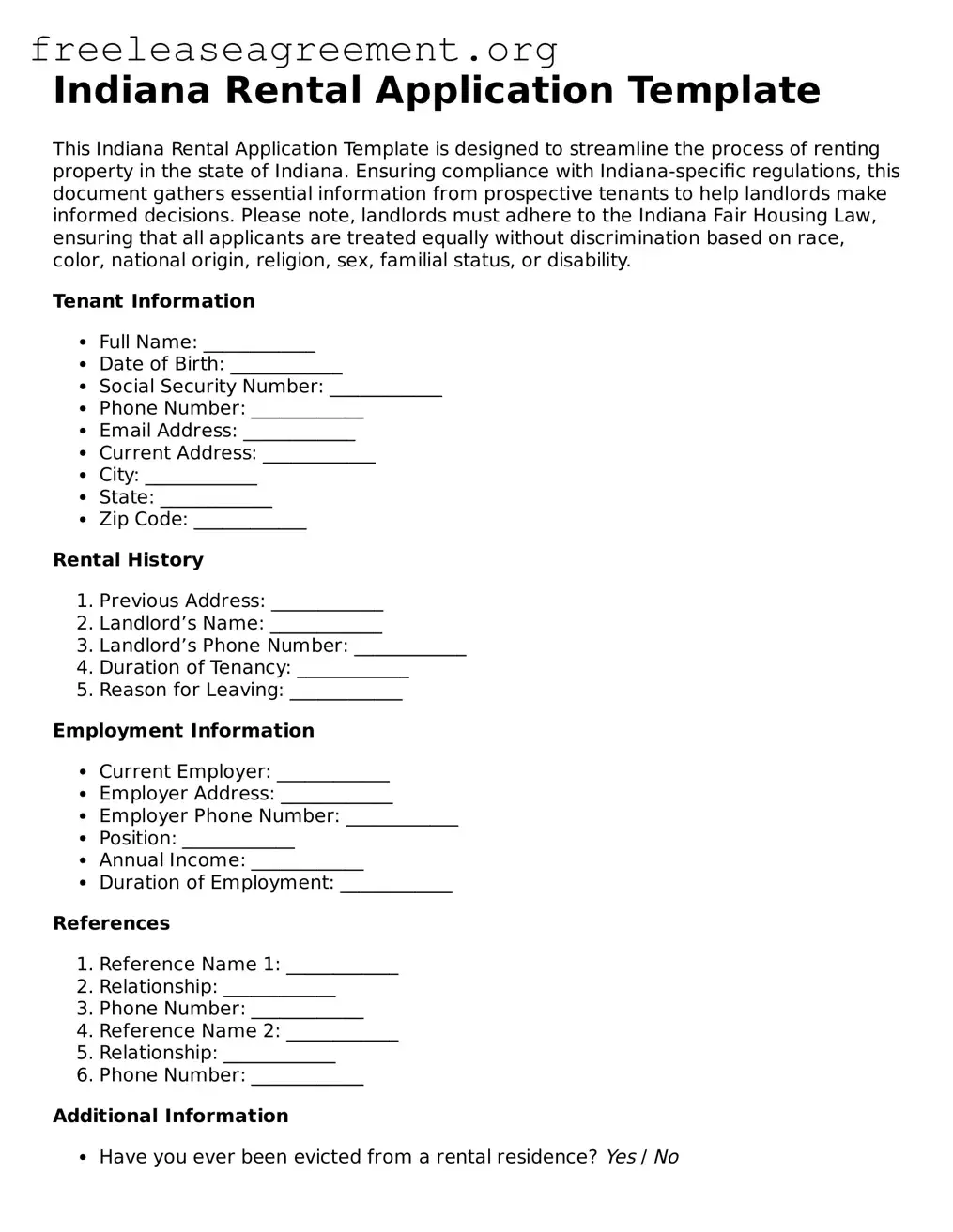 Official Rental Application Document for Indiana State