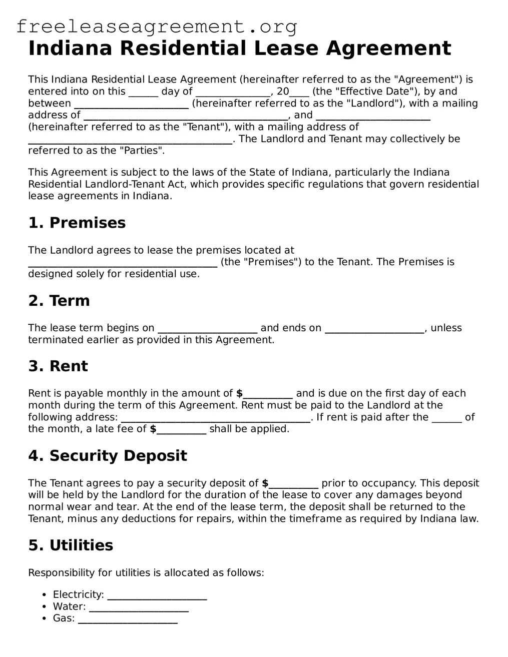 Official Residential Lease Agreement Document for Indiana State