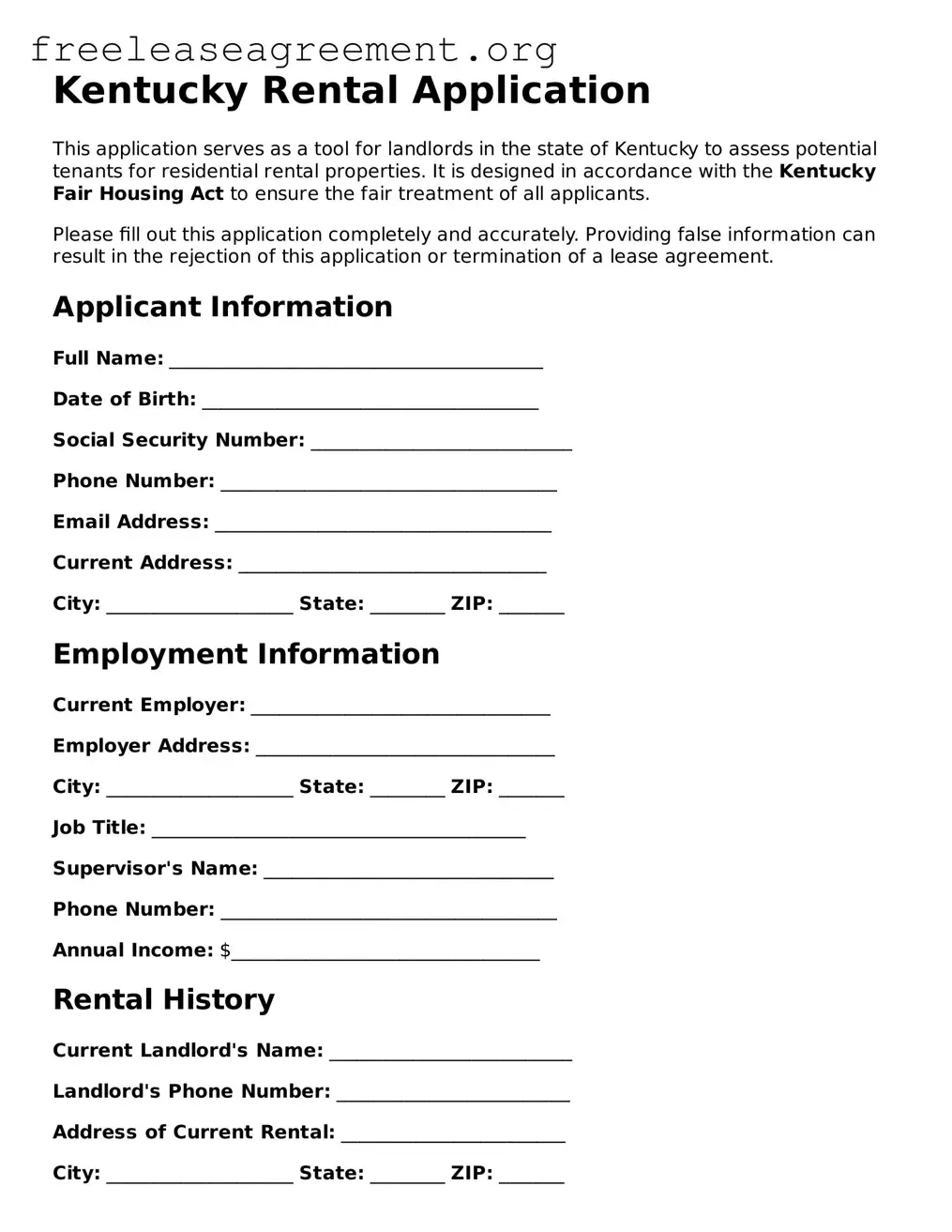 Official Rental Application Document for Kentucky State