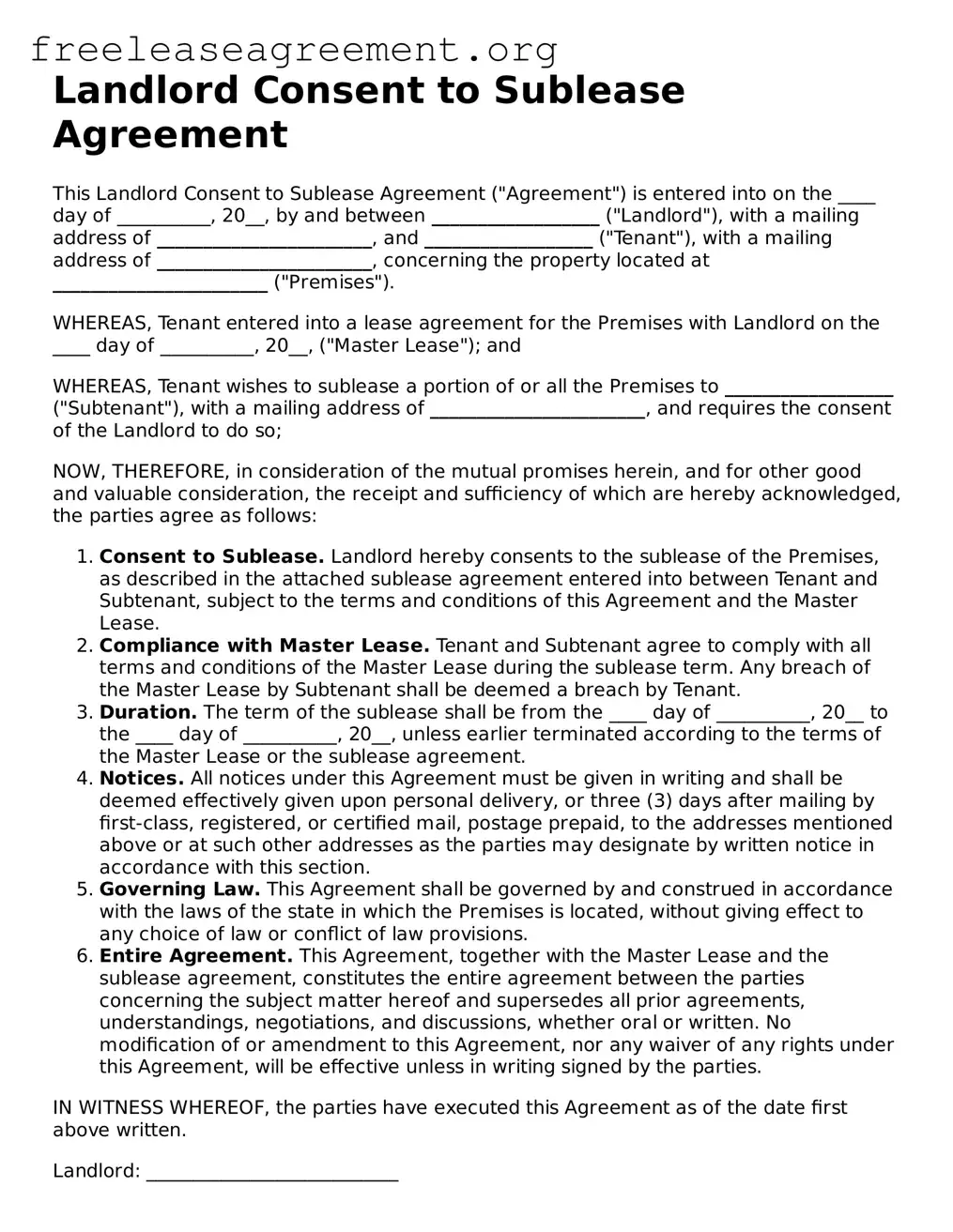 Official Landlord Consent to Sublease Document