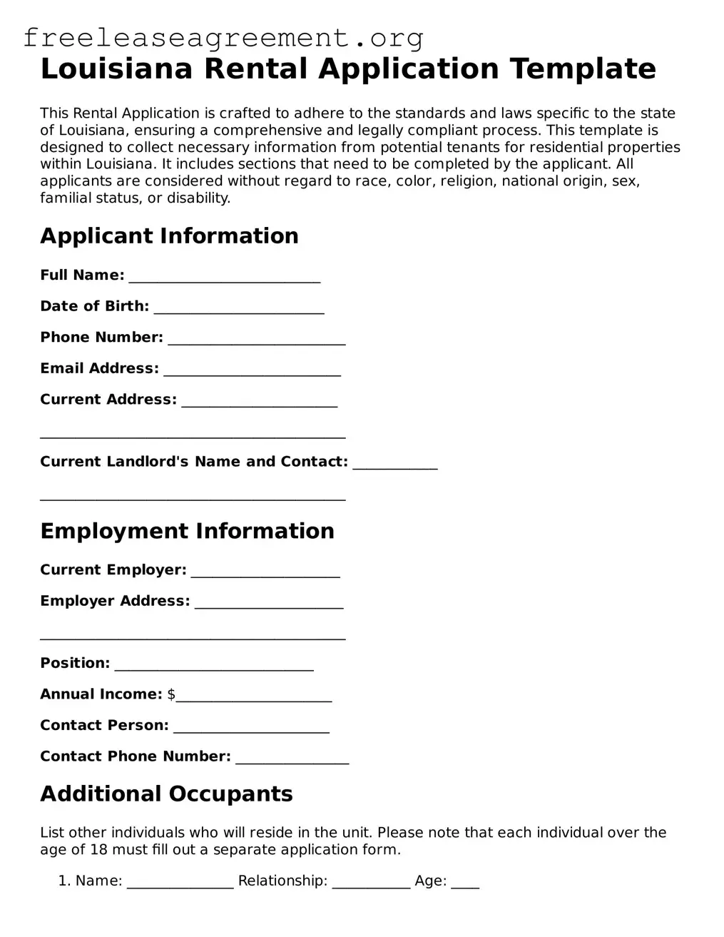 Official Rental Application Document for Louisiana State