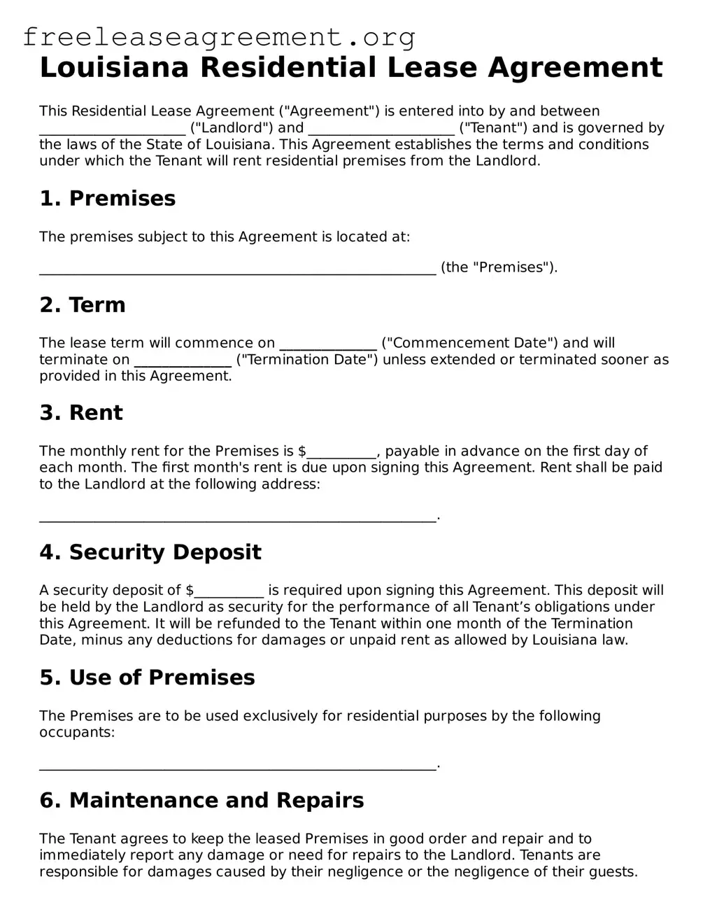 Official Residential Lease Agreement Document for Louisiana State