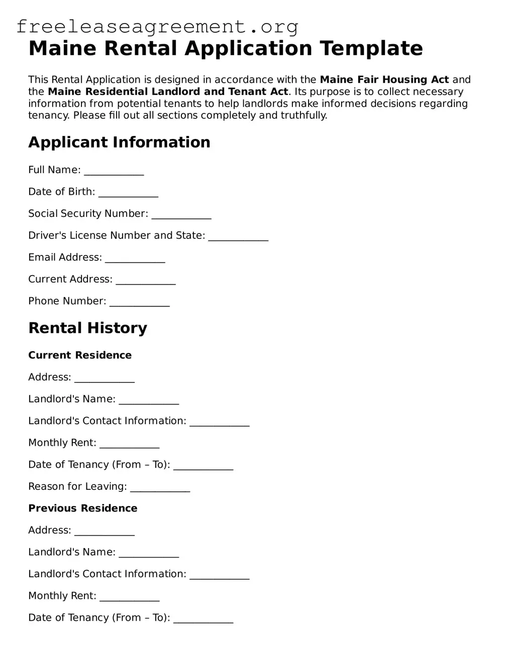 Official Rental Application Document for Maine State
