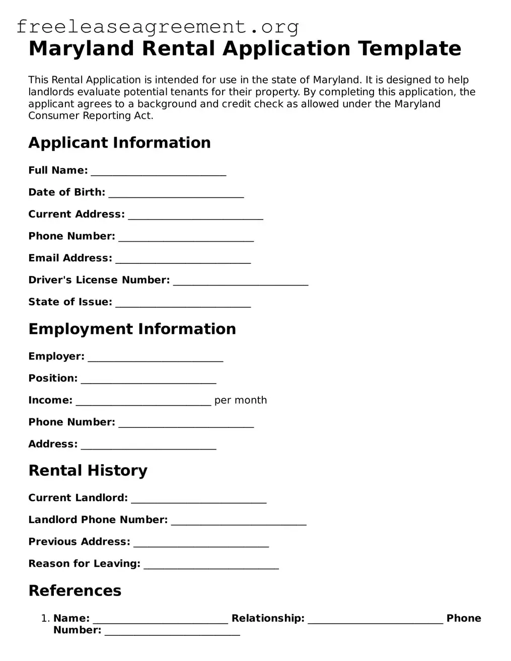 Official Rental Application Document for Maryland State