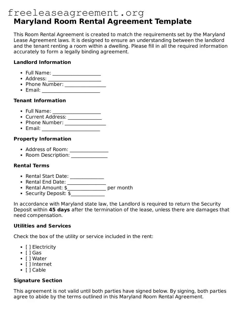 Official Room Rental Agreement Document for Maryland State