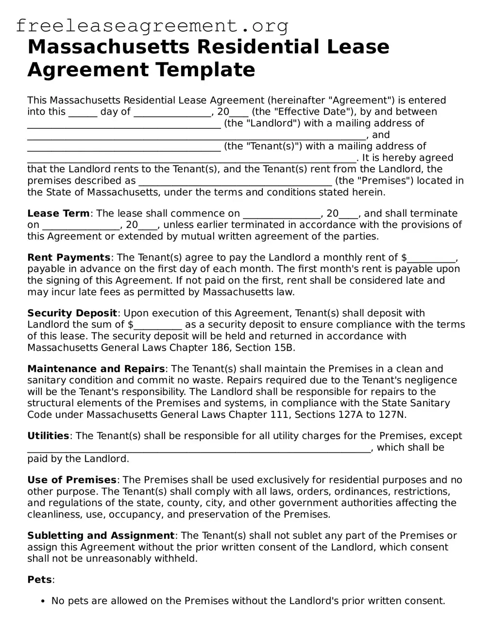 Official Residential Lease Agreement Document for Massachusetts State