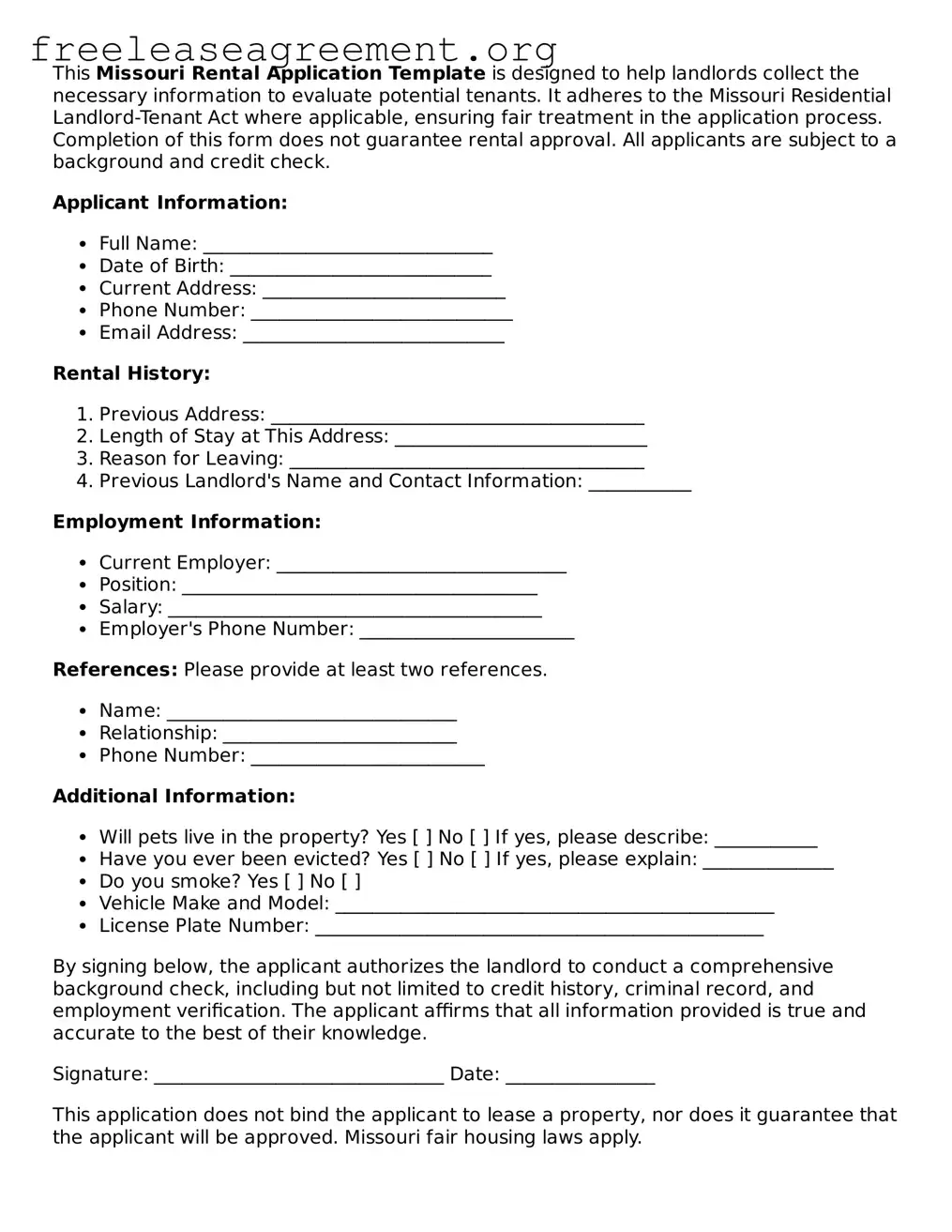 Official Rental Application Document for Missouri State