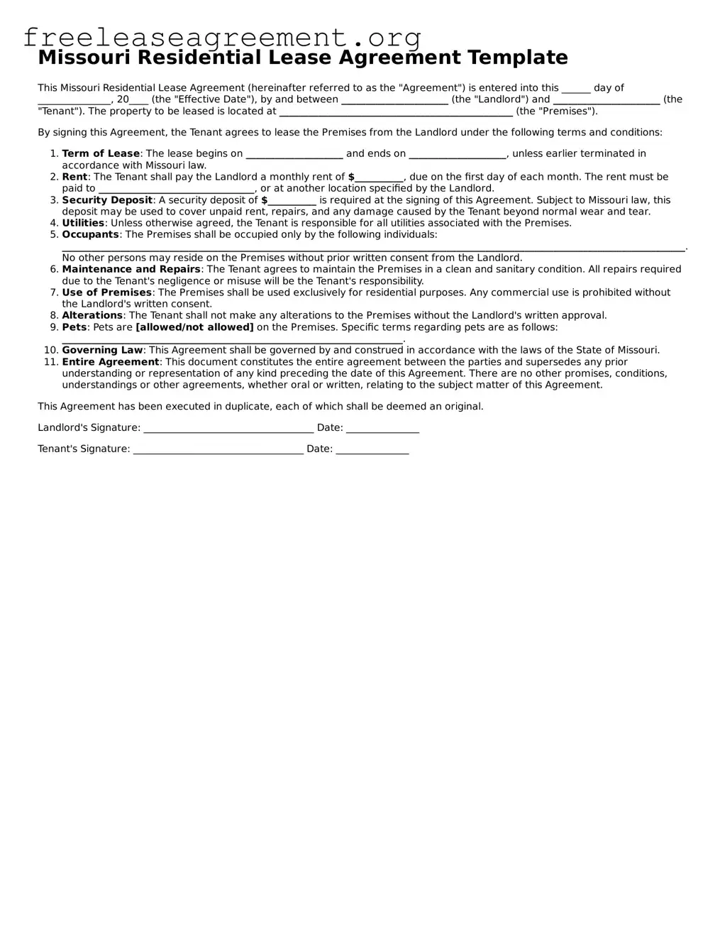 Official Residential Lease Agreement Document for Missouri State