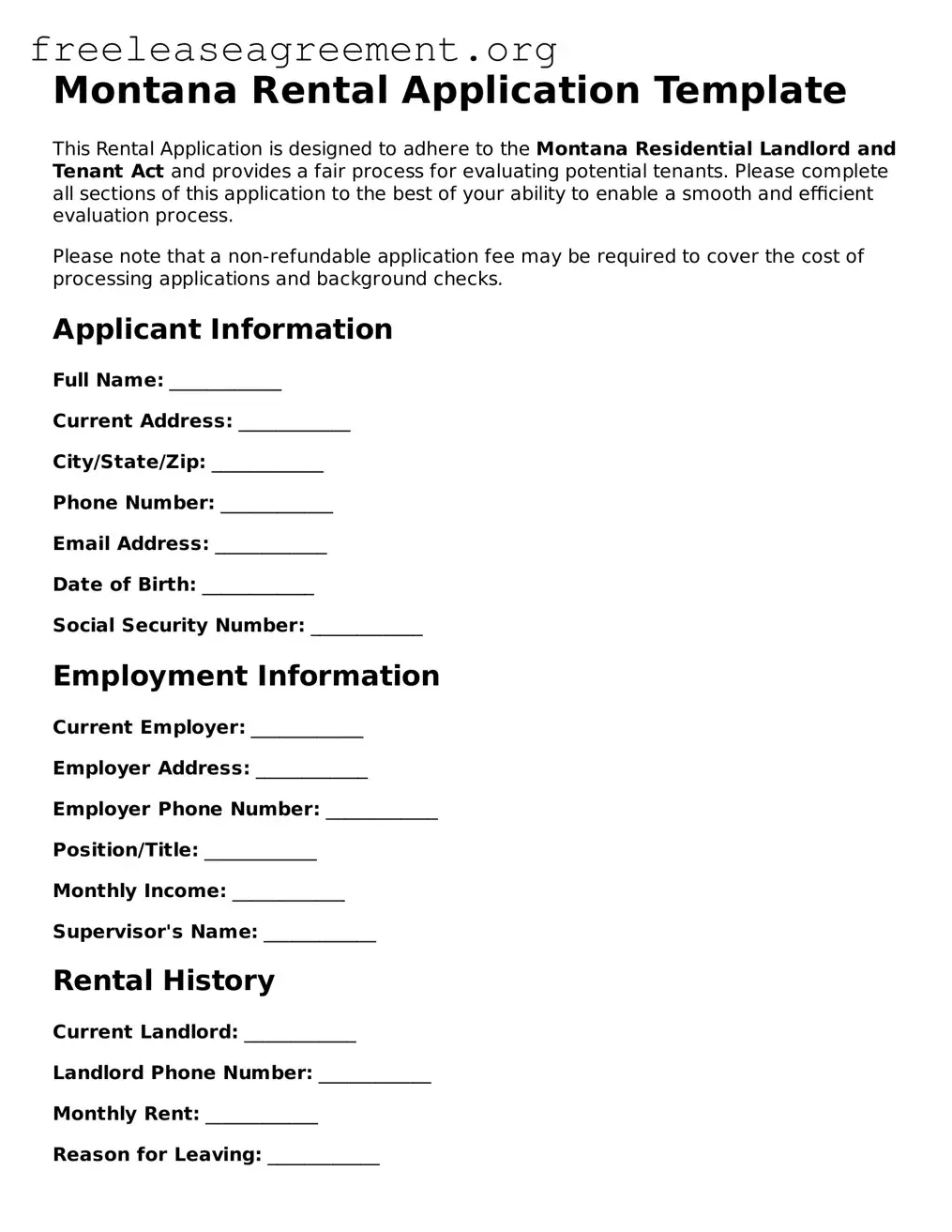 Official Rental Application Document for Montana State