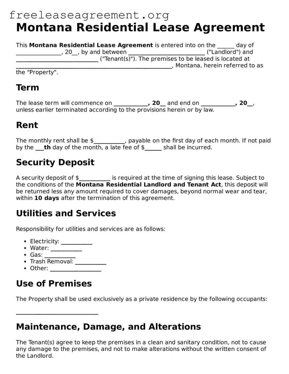 Official Residential Lease Agreement Document for Montana State