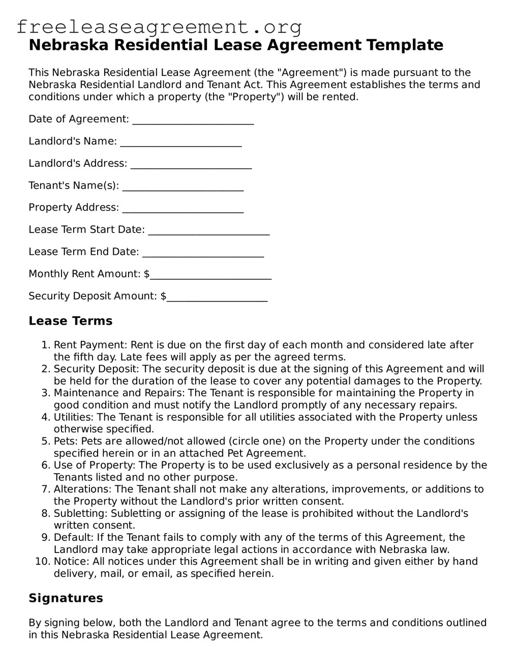 Official Residential Lease Agreement Document for Nebraska State
