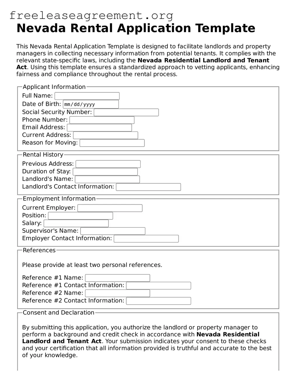Official Rental Application Document for Nevada State