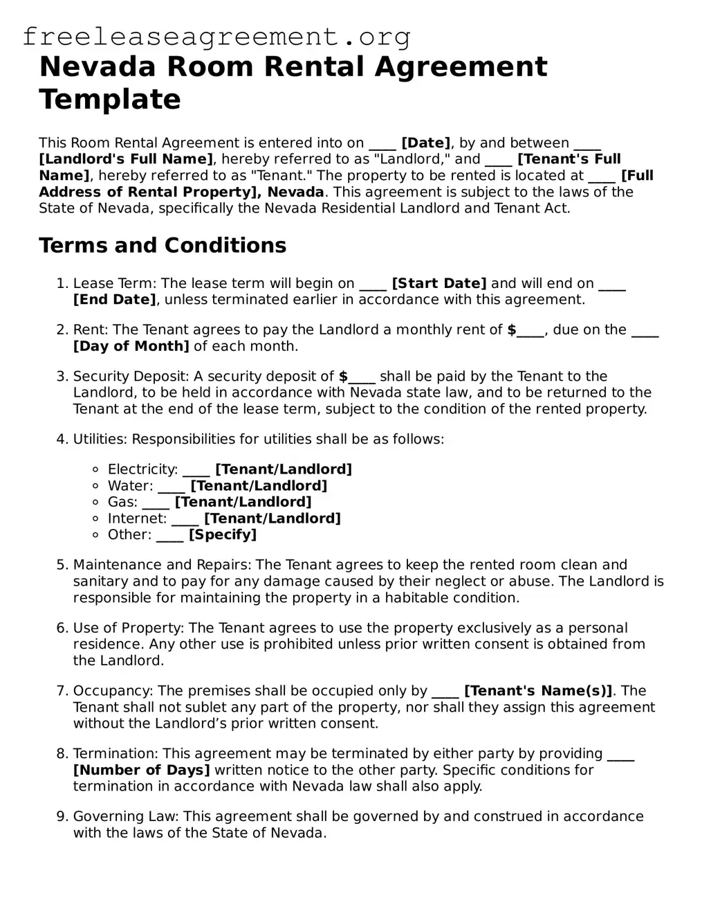 Official Room Rental Agreement Document for Nevada State