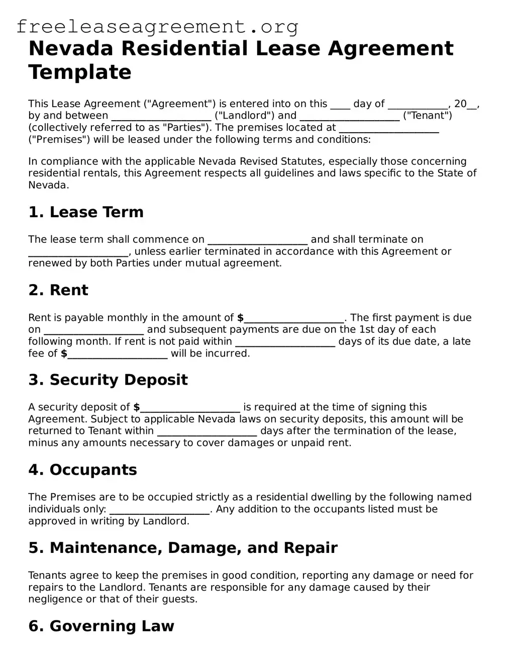 Official Residential Lease Agreement Document for Nevada State