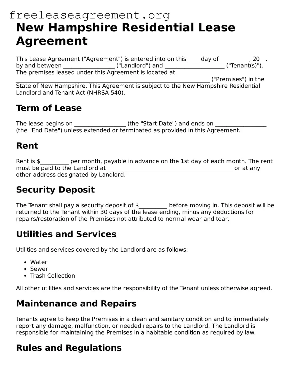 Official Residential Lease Agreement Document for New Hampshire State