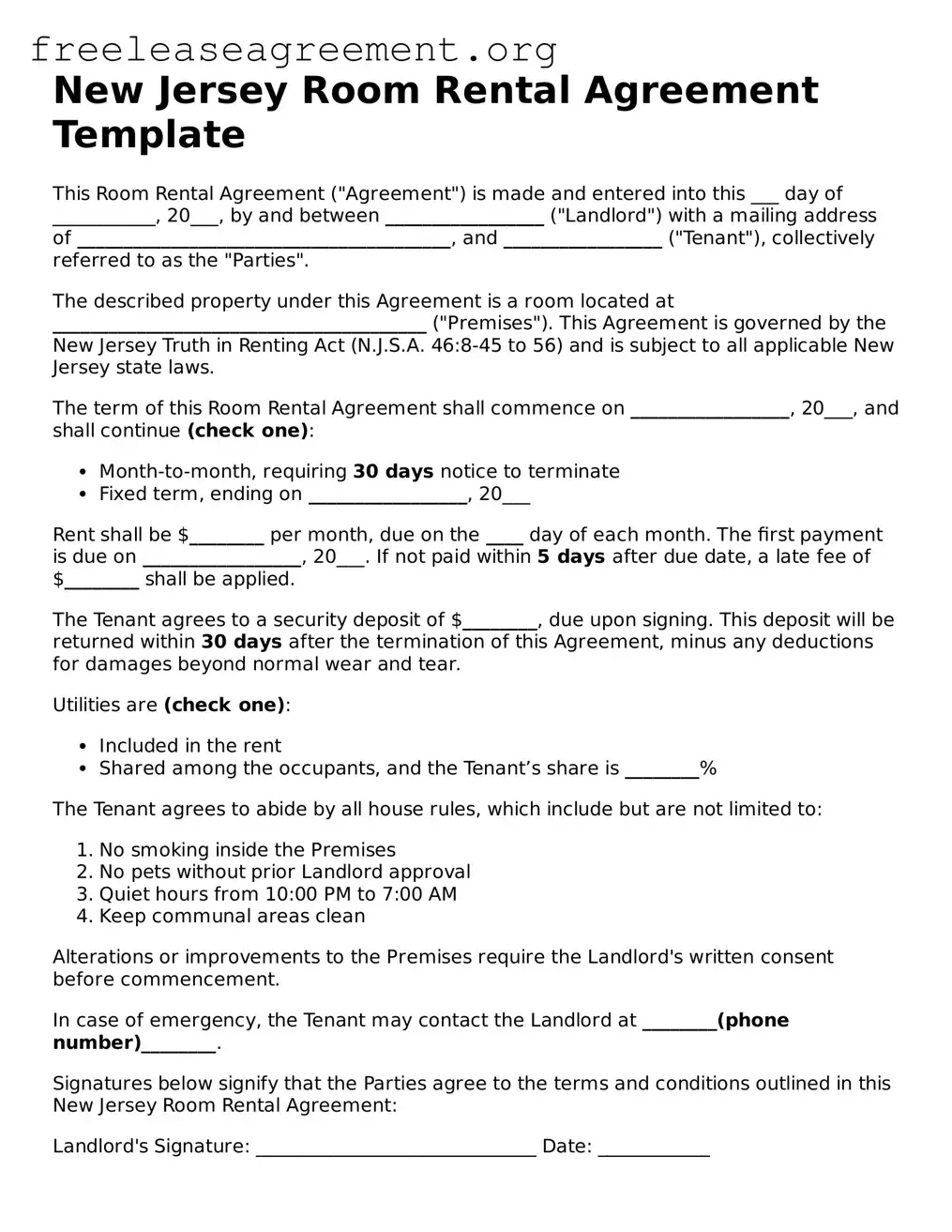 Official Room Rental Agreement Document for New Jersey State