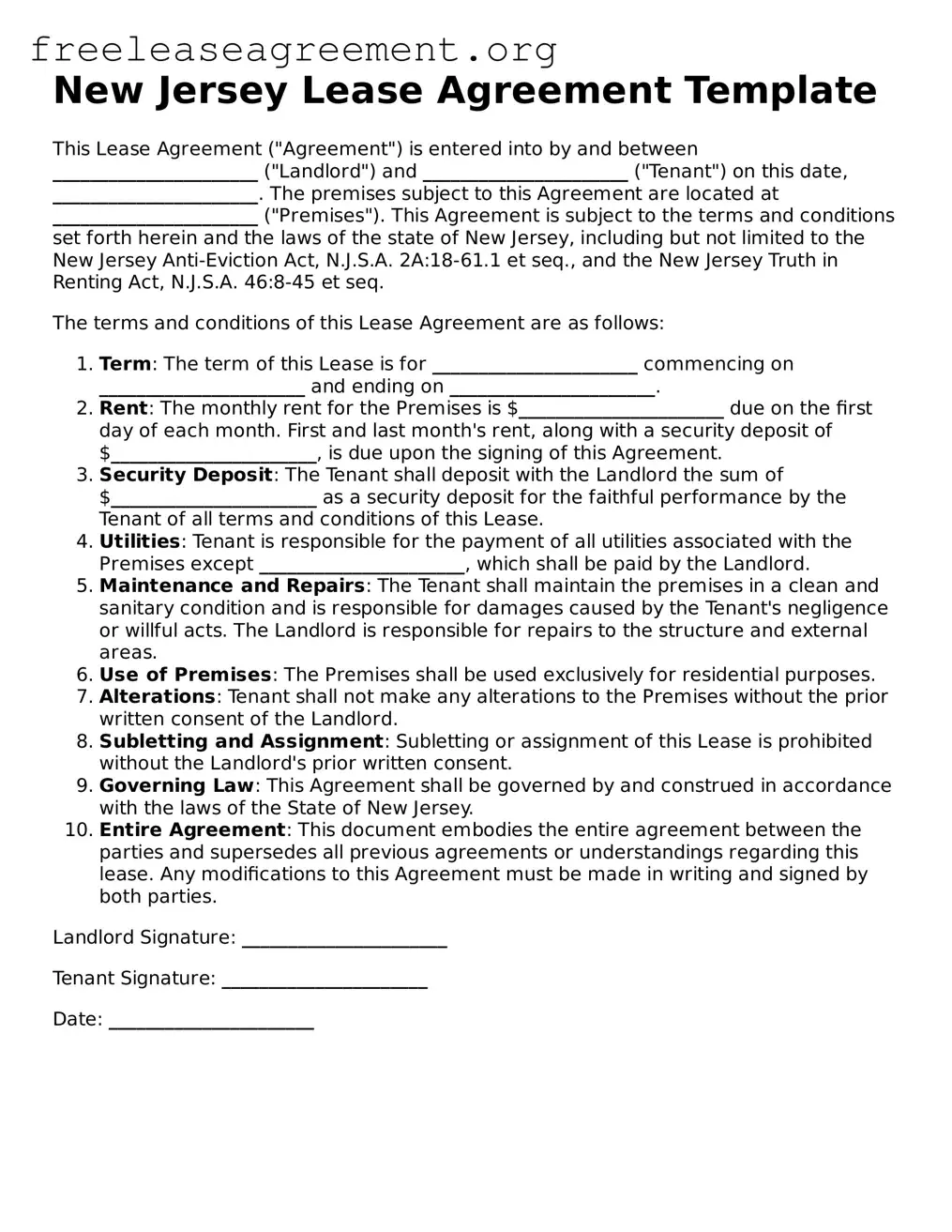 Official Lease Agreement Document for New Jersey State
