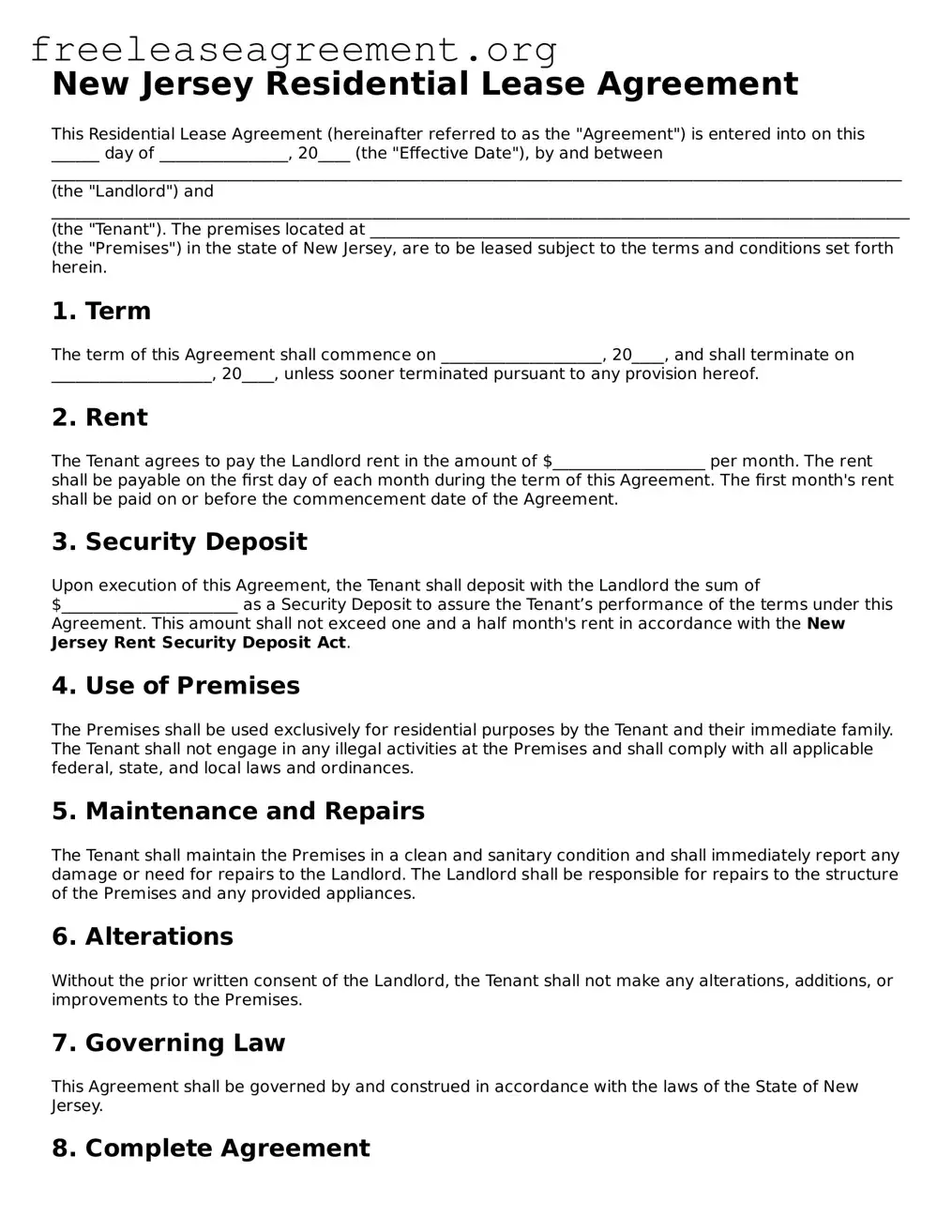 Official Residential Lease Agreement Document for New Jersey State