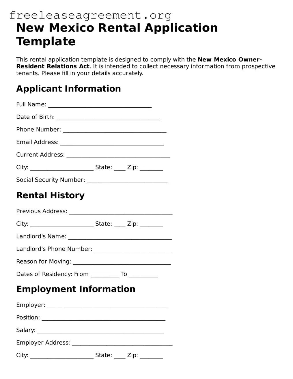 Official Rental Application Document for New Mexico State