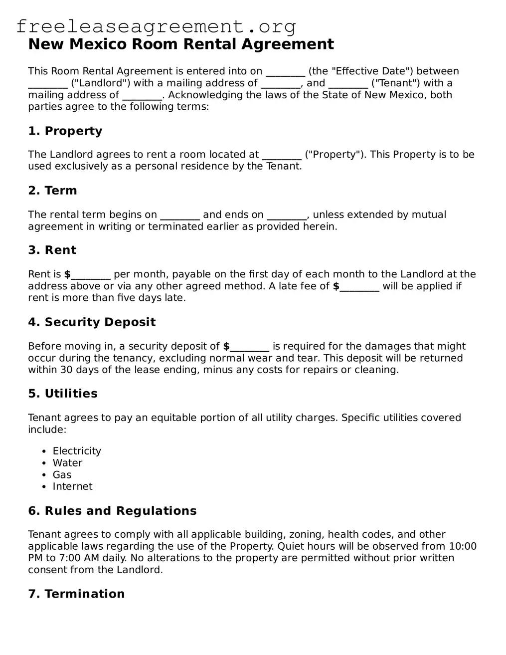 Official Room Rental Agreement Document for New Mexico State