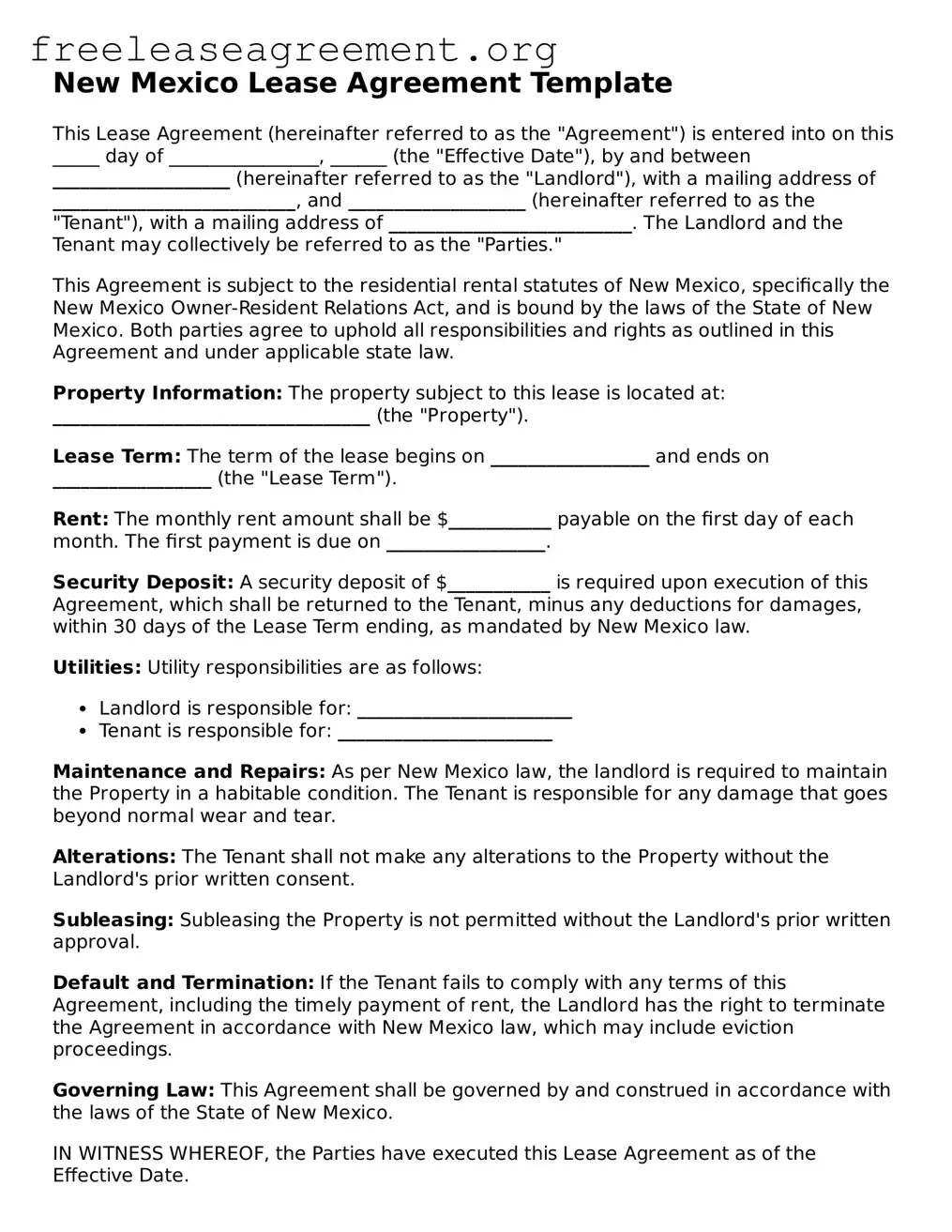 Official Lease Agreement Document for New Mexico State